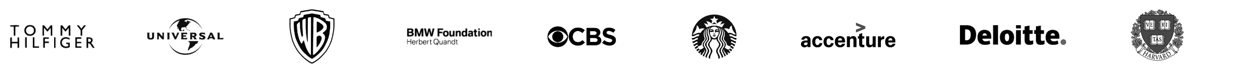 Client logos: Tommy Hilfiger, Universal, Warner Bros., BMW Foundation, CBS, Starbucks, Accenture, Deloitte, Harvard